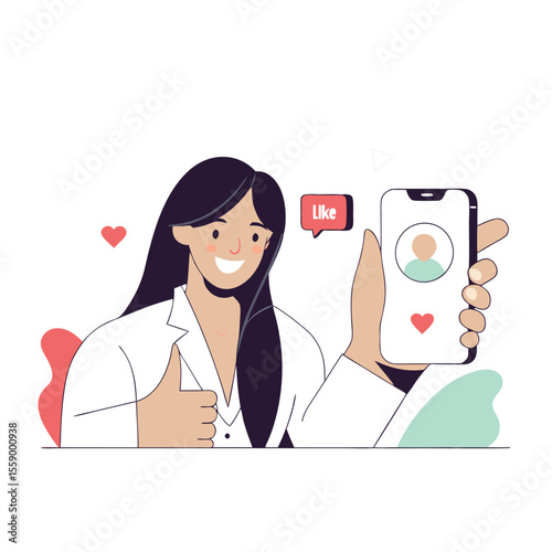 Young woman happily showing her smartphone with social media profile and likes