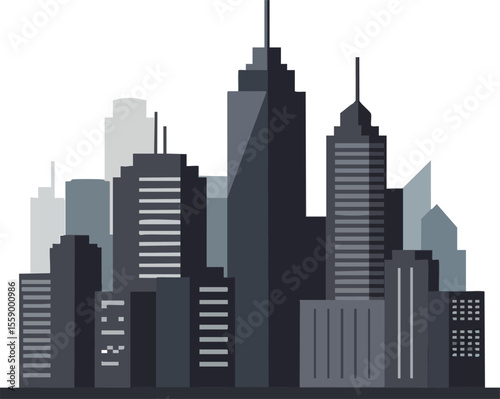 Modern grayscale city skyline vector illustration with tall skyscrapers and urban buildings design