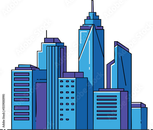 Modern city skyline with blue and purple skyscrapers in flat vector style urban architecture design