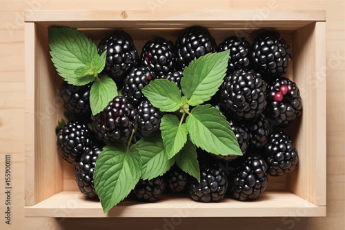 Overhead View of Blackberries and Mint in Wooden Crate