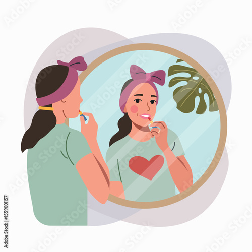 Young woman makes up in front of a mirror. Vector cartoon flat style illustration