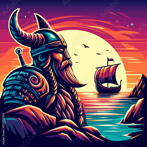 Heroic Viking warrior standing on rocks with a ship sailing at sunset