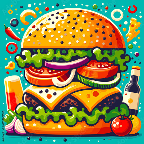 Colorful illustration of a delicious burger with fresh ingredients and condiments