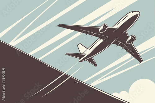 Retro airplane vector from below in steep climb with sky trails and clouds