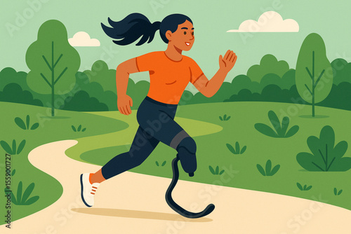  Female Athlete with Running Blade Prosthesis Jogging on Park Path Energetic Modern Flat Illustration