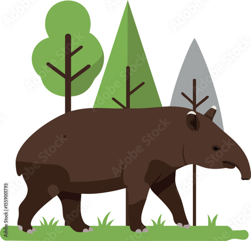 Tapir walking in forest with green trees and grass natural wildlife animal vector illustration