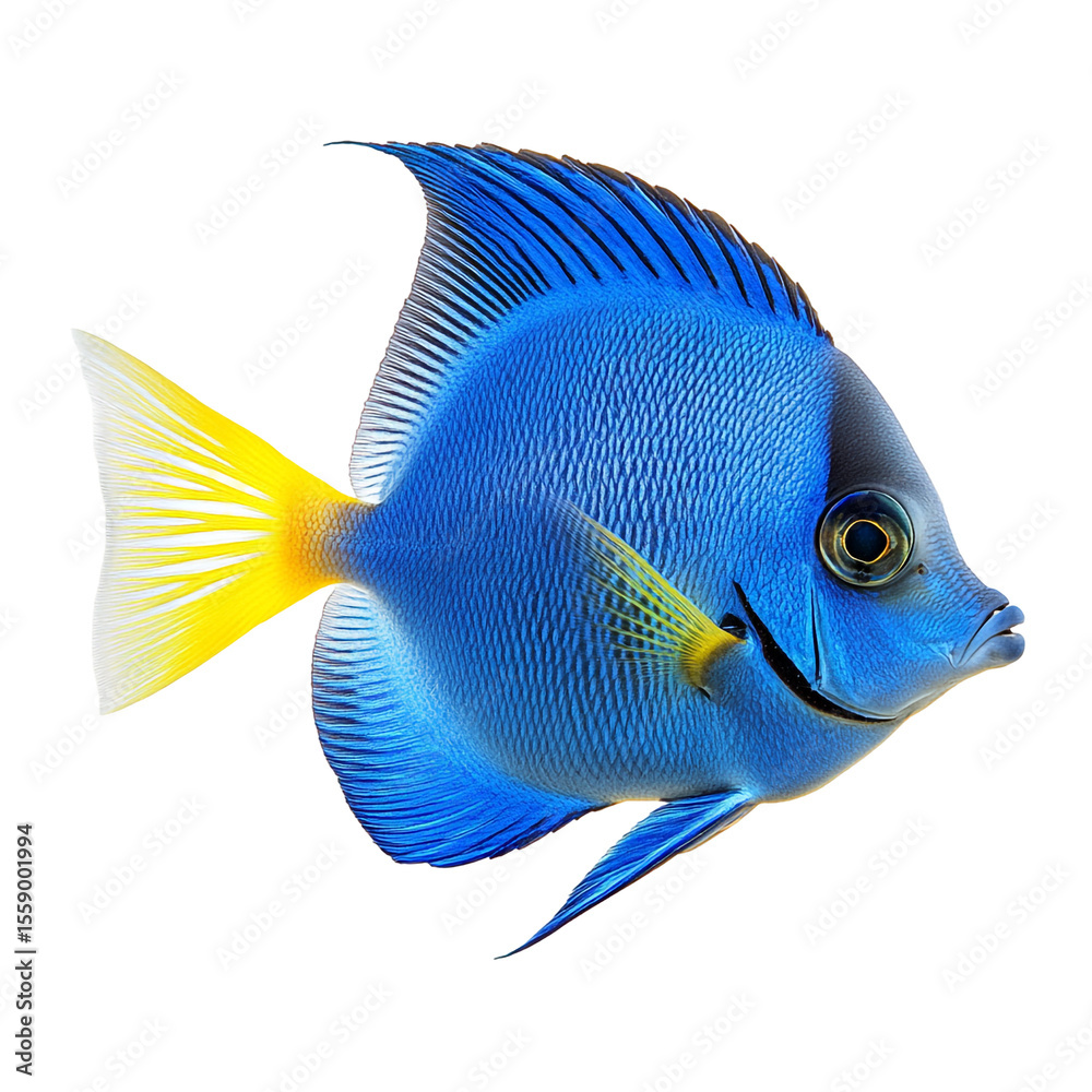 Naklejka premium Vibrant blue fish with yellow tail isolated on black background aquatic animal ocean life colorful scales fins
