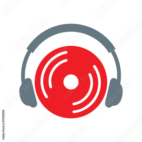 Red disc with white center and grey headphones music sound