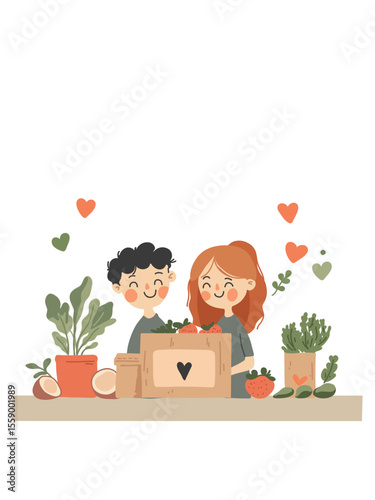 vector illustration joyful couple opening food package