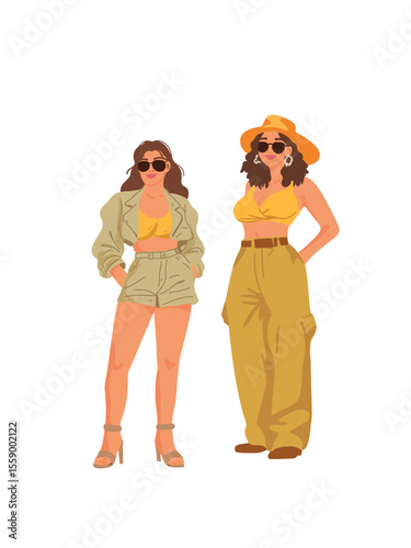 vector illustration stylish two young women full body