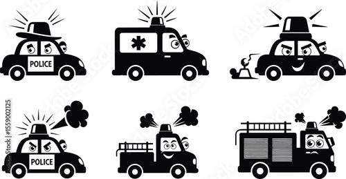 Cartoon emergency vehicles including a police car, ambulance, and fire truck are isolated on white background