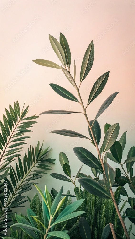 Fototapeta premium Close up of lush green tropical leaves against a soft pastel gradient background