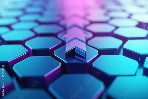Futuristic digital arrow embedded in a vibrant hexagonal grid pattern