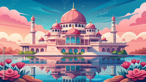 Putra Mosque, Putrajaya, Malaysia
Floating over a tranquil lake, the pink-hued mosque features domes and minarets in rose granite. Soft light reflects off the water and highlights the floral ornamenta