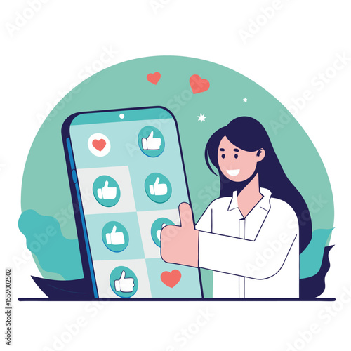 Happy woman giving thumbs up to social media likes and hearts on phone screen