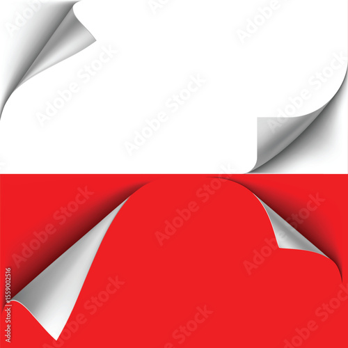Vector set of white and red paper sheets with curled edges.