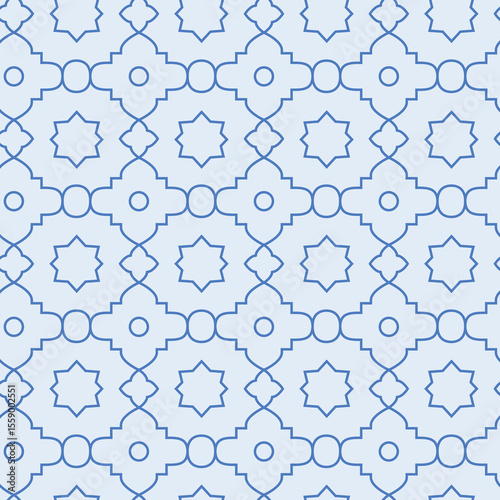 Line abstract minimal arabic geometric seamless pattern. Modern moroccan style oriental lattice grid blue background