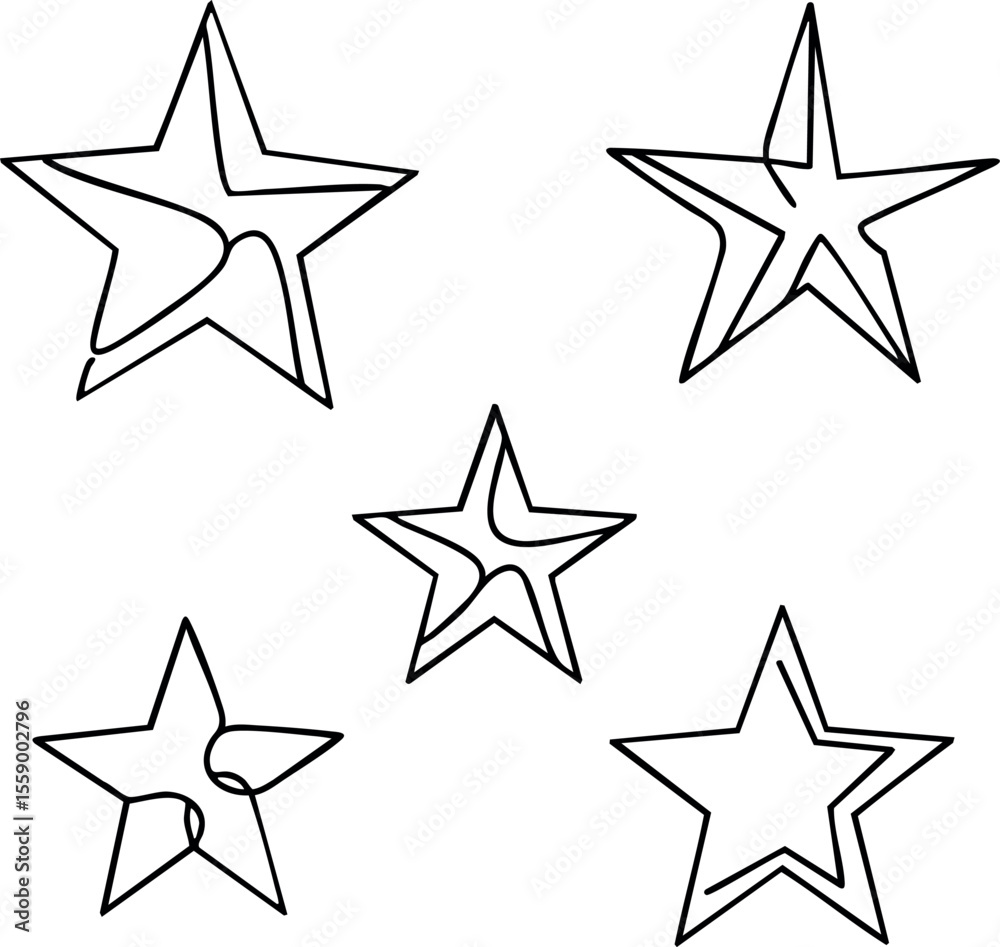 Obraz premium Five outlined stars vector shapes with inner cutouts in simple black and white design for decoration or graphic projects
