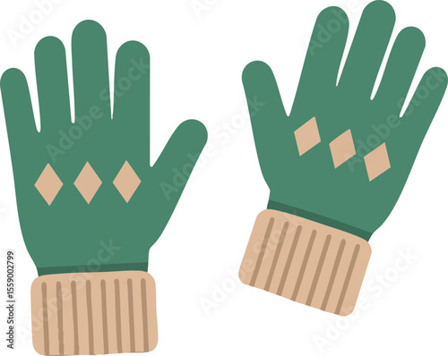 Green winter gloves with beige cuffs and diamond patterns warm handwear for cold seasons vector illustration