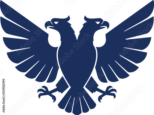 Double-headed eagle symbol with spread wings heraldic emblem in dark blue vector design for logo or decoration