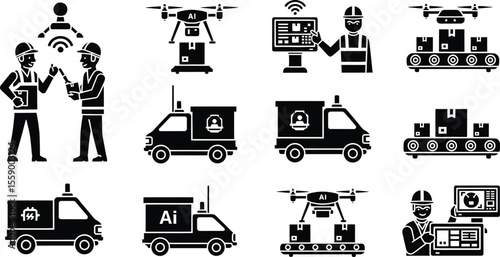 An automated delivery system shows workers using drones and trucks for package transport, isolated on white background