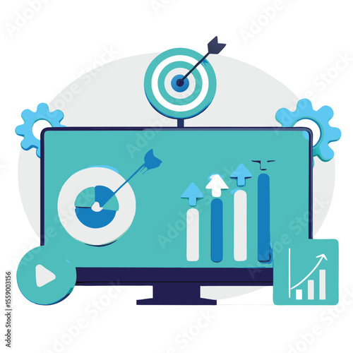 Digital marketing strategy with target achievement and growth analytics on computer screen