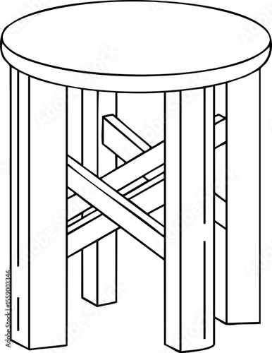 Round wooden stool simple line art design with crossbar support structure vector illustration