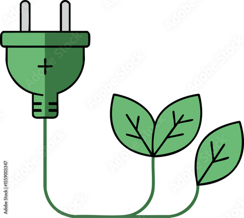 Green electric plug with leaves eco friendly energy concept vector illustration for sustainable power and environment conservation