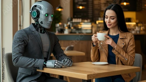 A woman and a robot sit at a cafe table, the woman holds a cup. Futuristic technology and artificial intelligence concept footage.