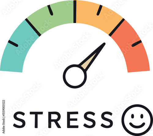 Stress meter gauge showing medium level stress with happy face icon vector illustration