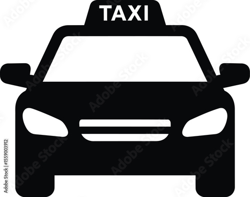 A black taxi car with a taxi sign on top is isolated on white background