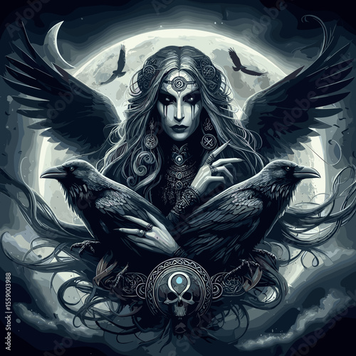 Dark mystical illustration of a woman with ravens and a full moon in a Gothic style