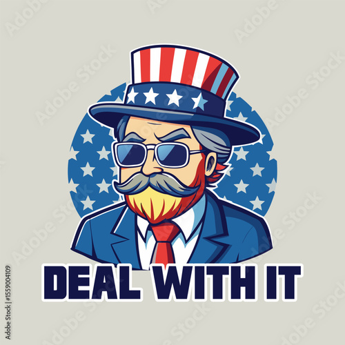 Retro Uncle Sam emoji with pixel sunglasses and "Deal With It" meme text vector illustration
