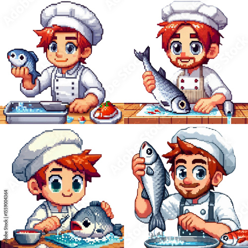 Pixel art chefs preparing fish dishes, vector illustration on a transparent background