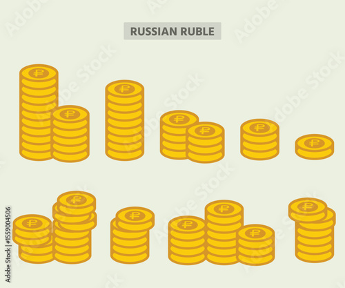Russian ruble coin stack vector illustration, flat currency icon set for forex