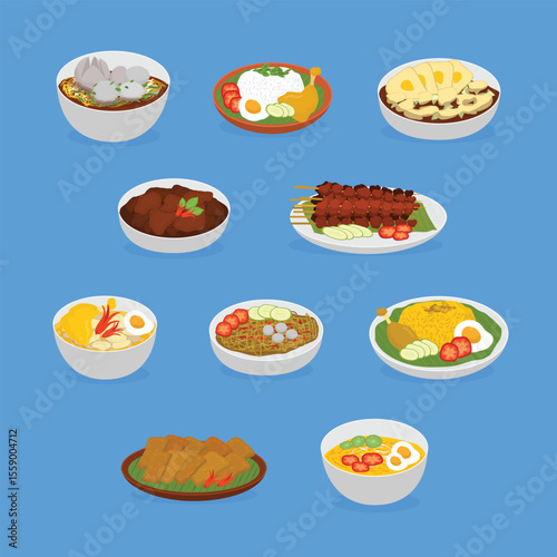 Various Traditional Indonesian Food, Cuisine and Dishes Illustration Collection