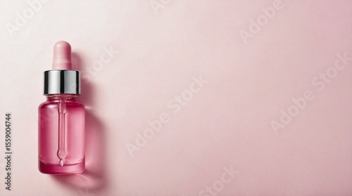 Pink Glass Facial Oil Bottle with Pipette on Pink Background