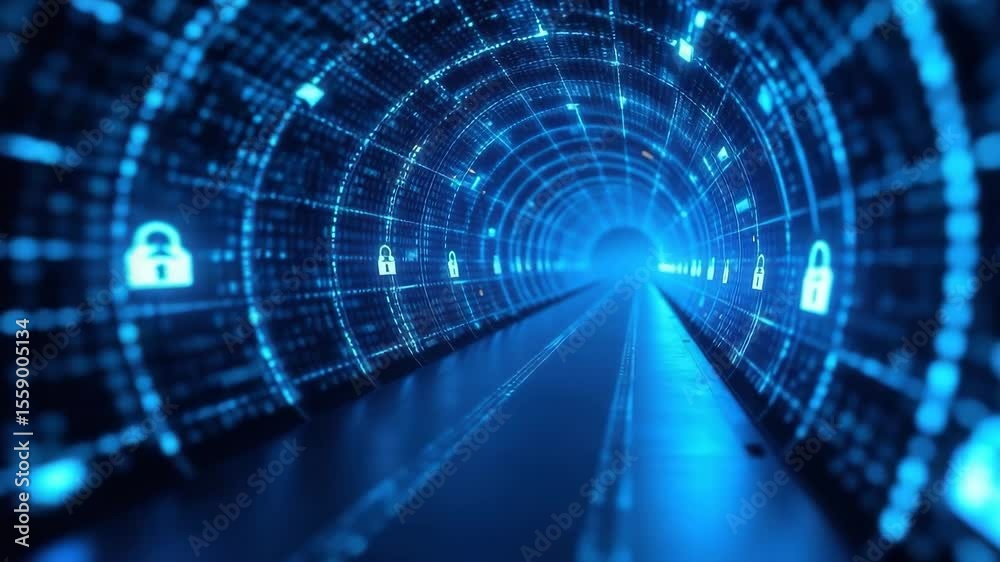 A futuristic digital tunnel with glowing blue lines and data patterns. The scene conveys concepts of technology, cybersecurity, and virtual reality.
