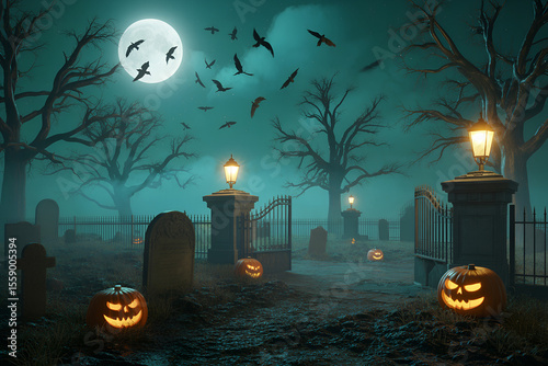 Halloween Graveyard with Pumpkins, Tombstones, Full Moon, Birds, and Moody Lighting