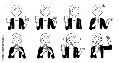 スマホを持つ女性のイラストセット	