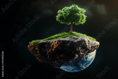 Green tree on a floating island with Earth below against dark sky planet