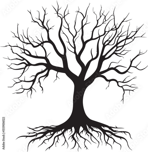 Tree with Roots Silhouette Vector Illustration on Transparent Background