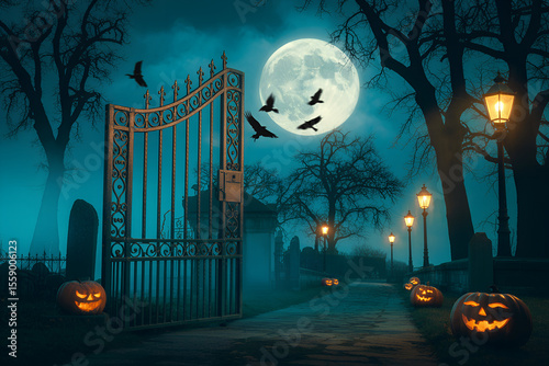 Spooky Halloween Cemetery Gate with Jacko'Lanterns, Full Moon, and Crows at Night
