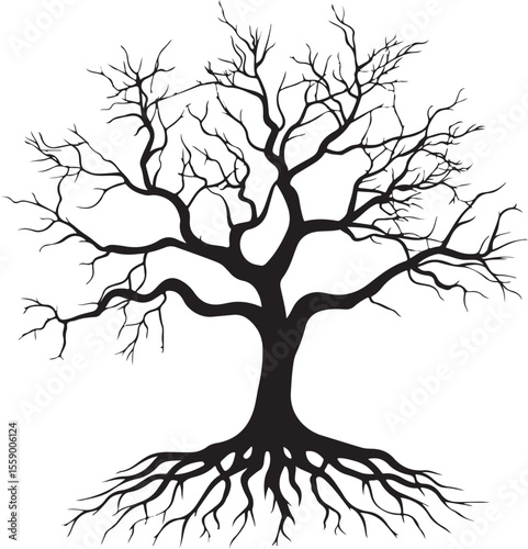 Tree with Roots Silhouette Vector Illustration on Transparent Background