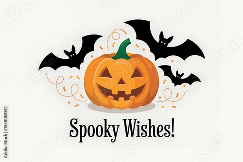 Spooky Wishes Cartoon Halloween Pumpkin Surrounded by Bats and Confetti on White Background