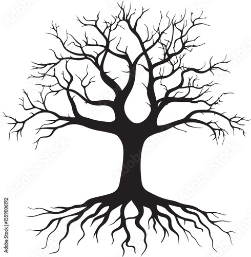 Tree with Roots Silhouette Vector Illustration on Transparent Background