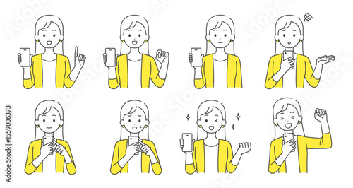 スマホを持つ女性のイラストセット	