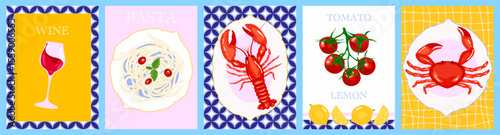  Set of Mediterranean colorful food elements themes poster, card or background design with wine, pasta, seafood, tomato, lemon and blue tile Illustrations. Italian food, culture, and travel themed 