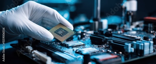 The technician installing a microprocessor on a modern computer motherboard.