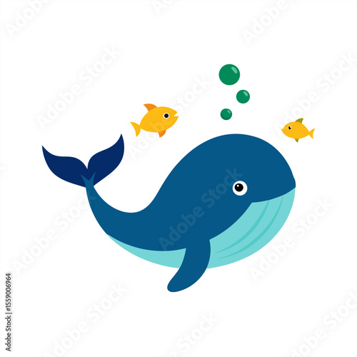 Cartoon whale and fish motif vector art on transparent background for web and graphic design
